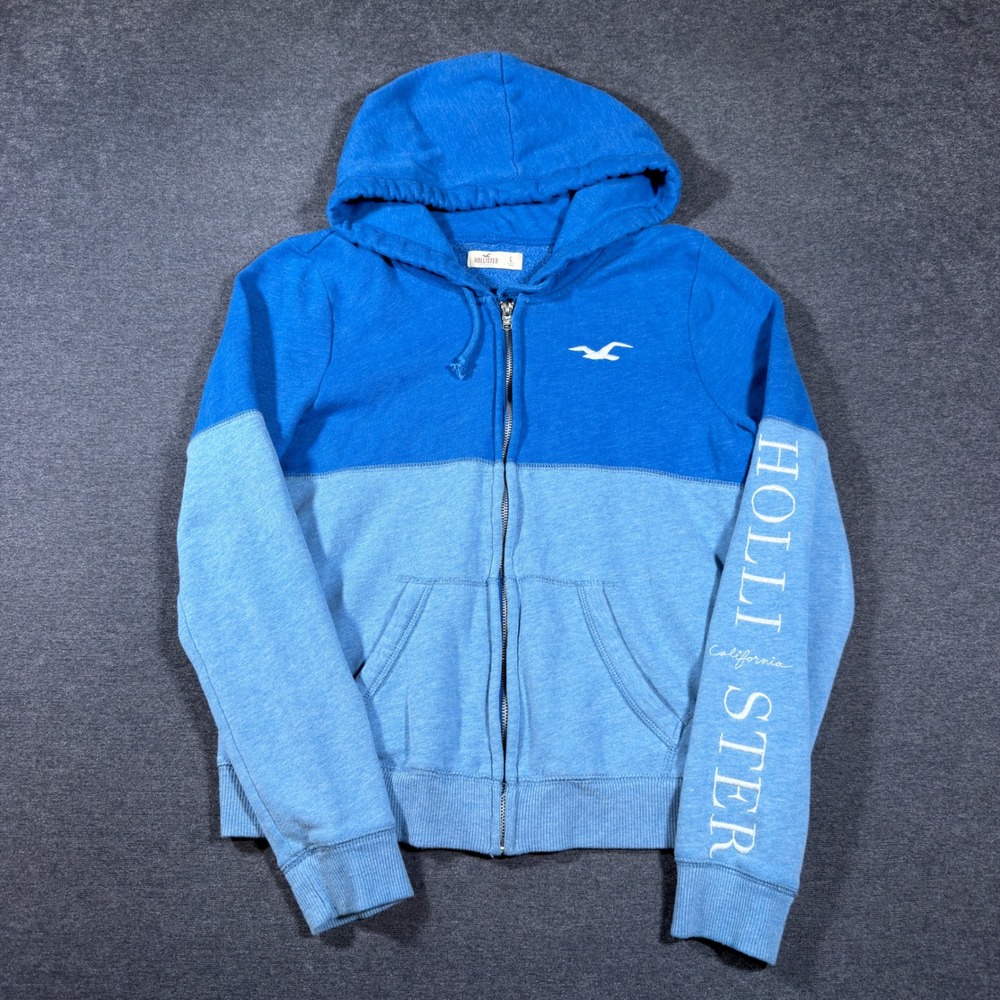 Hollister Full Zip Hoodie Women Large Blue Colorblock Logo Graphic Fleece Sweat